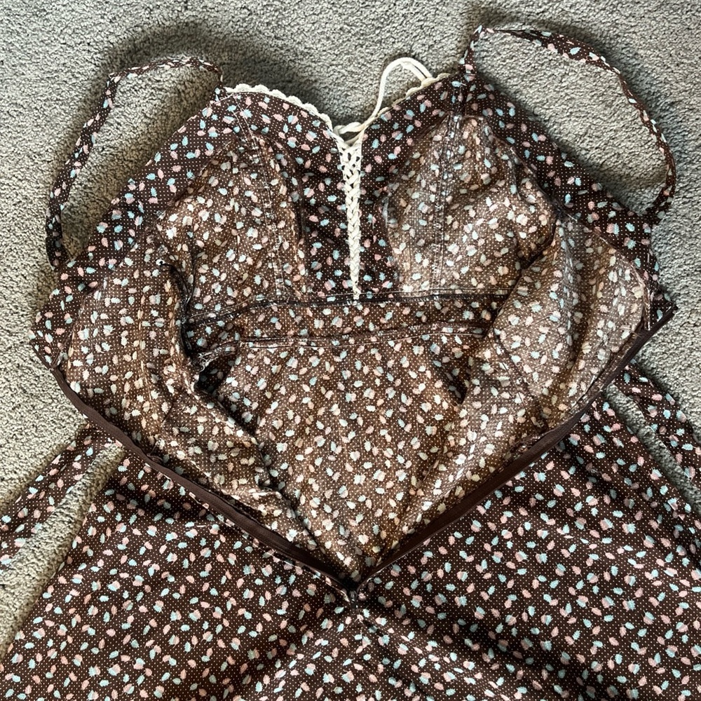 Gunne Sax Prairie Maxi Dress Brown Feather Lace Corset Tie Back Vintage - Picture 10 of 16
